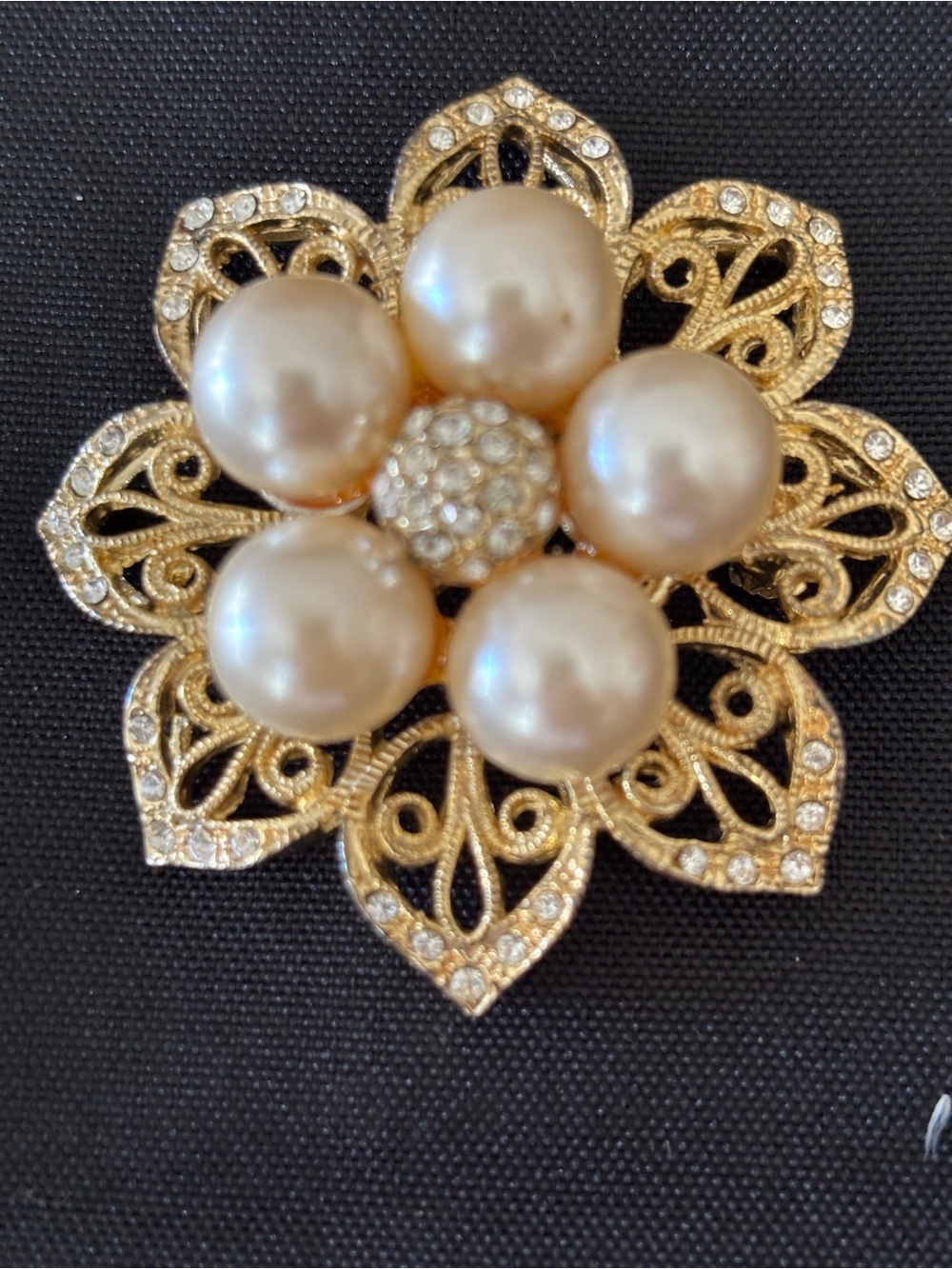 Gold-Tone Pearl Flower Brooch with Clear Crystals